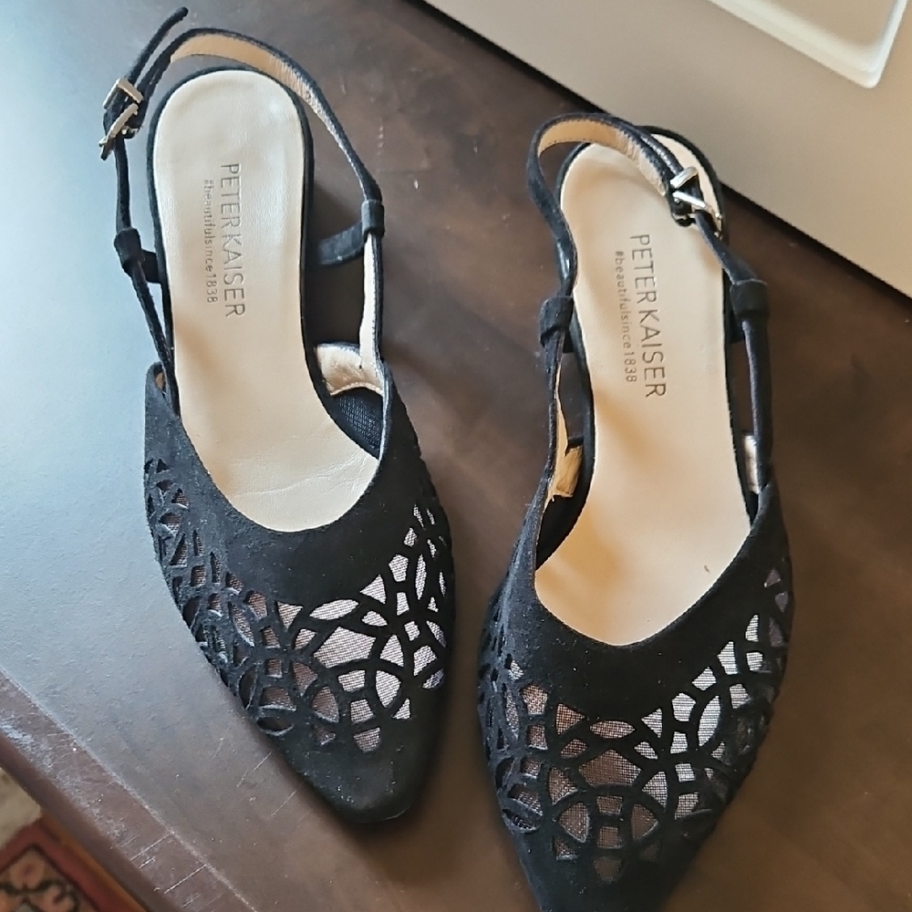 Peter Kaiser Black suede shoes, low heels with intricate cutouts